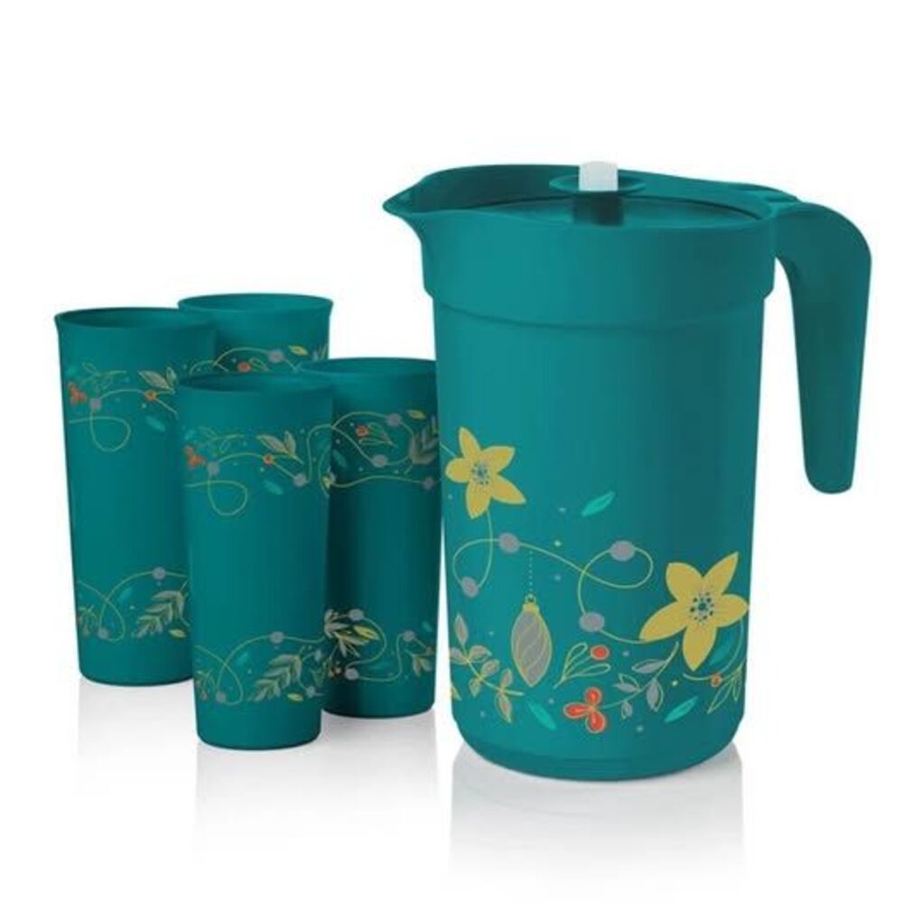 NEW tupperware 2 Qt pitcher & 4 tumblers holiday holly green
